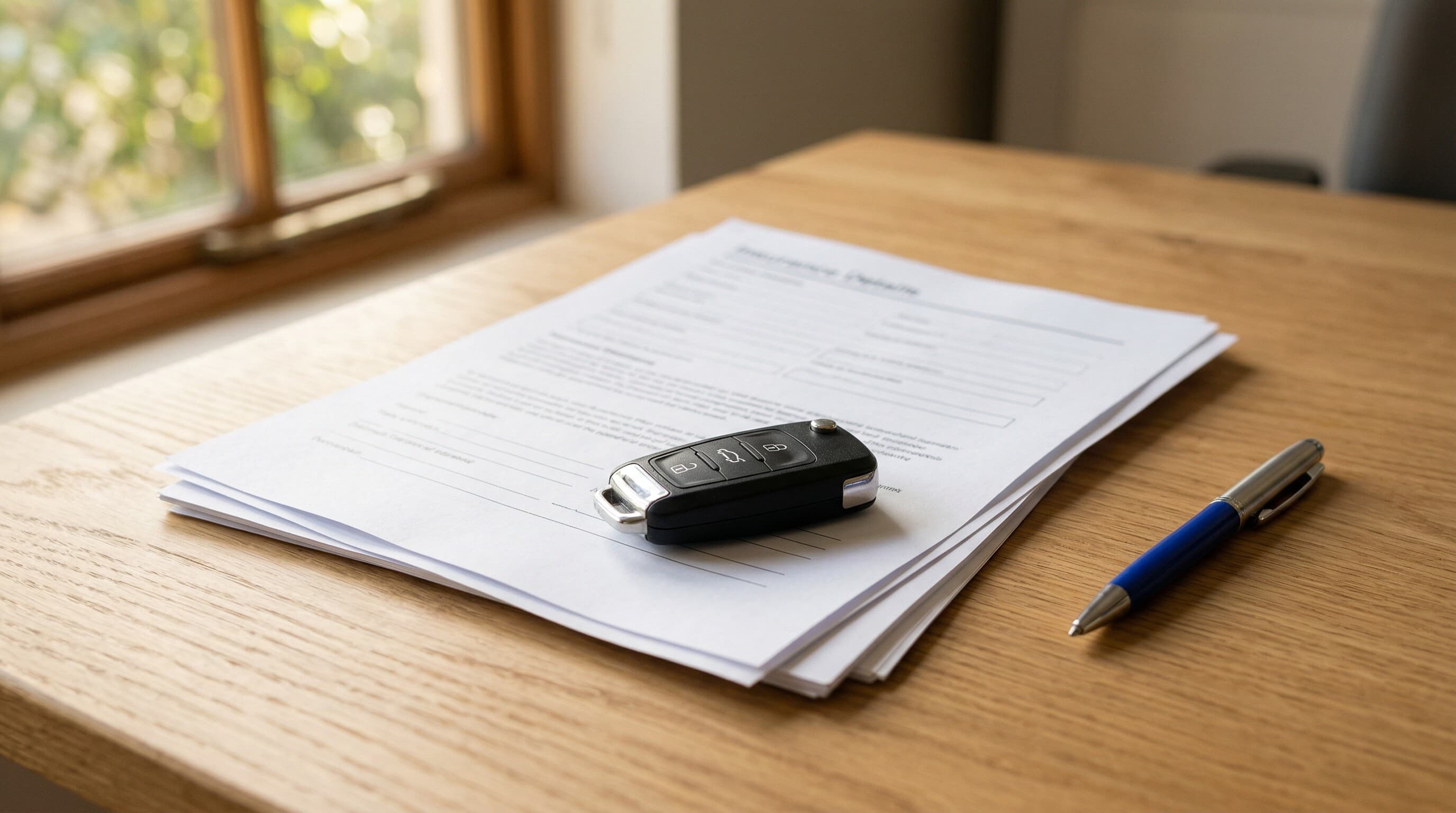 Auto auf einem Parkplatz mit Versicherungsunterlagen auf der Motorhaube