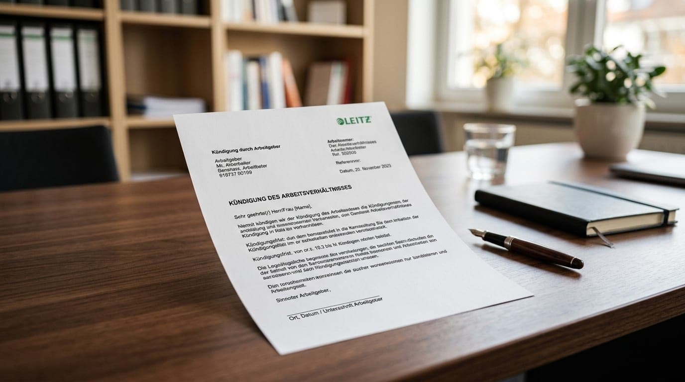 Formelles Kündigungsschreiben auf einem Büroschreibtisch mit Stift und Laptop im Hintergrund