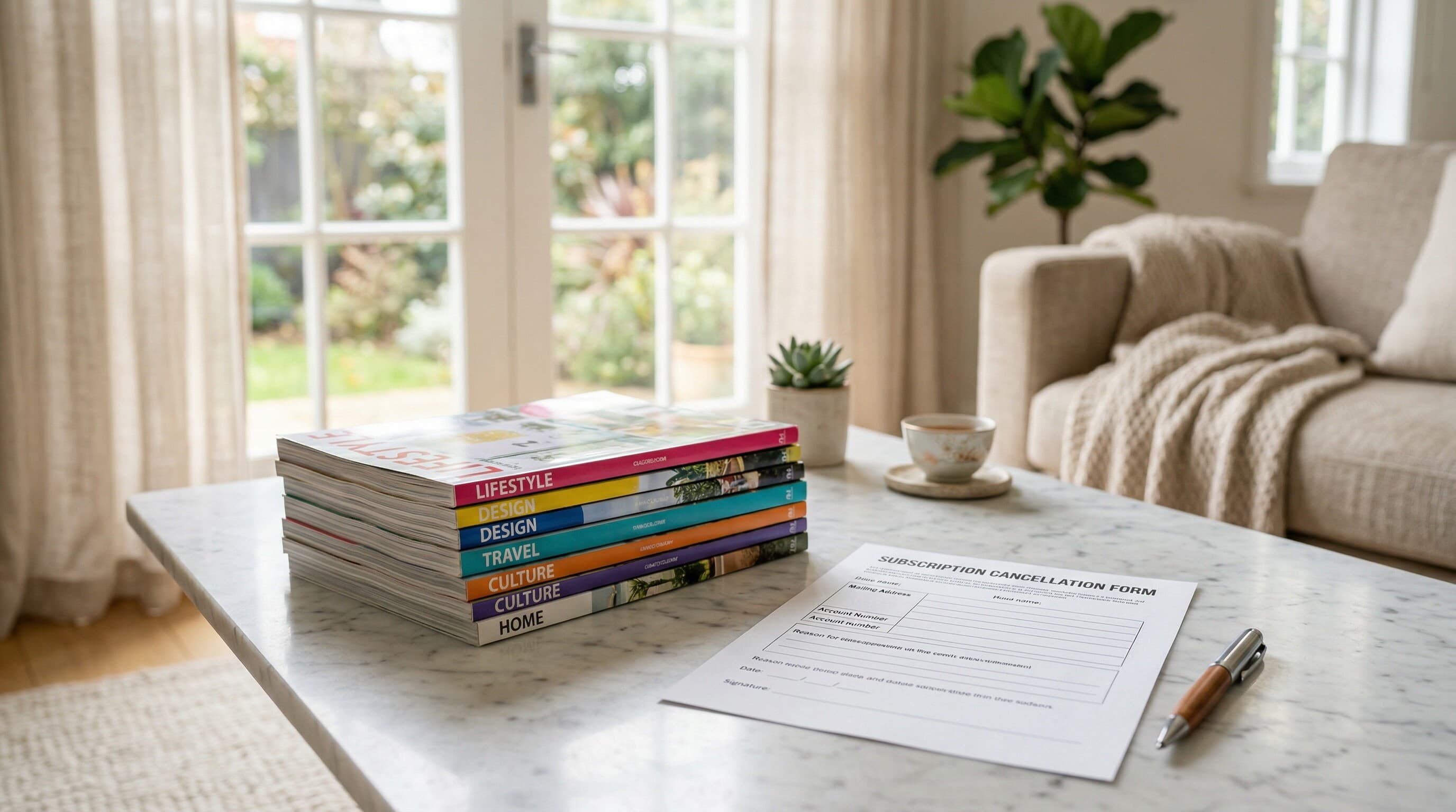 Stapel Zeitschriften auf einem Tisch, daneben ein Formular