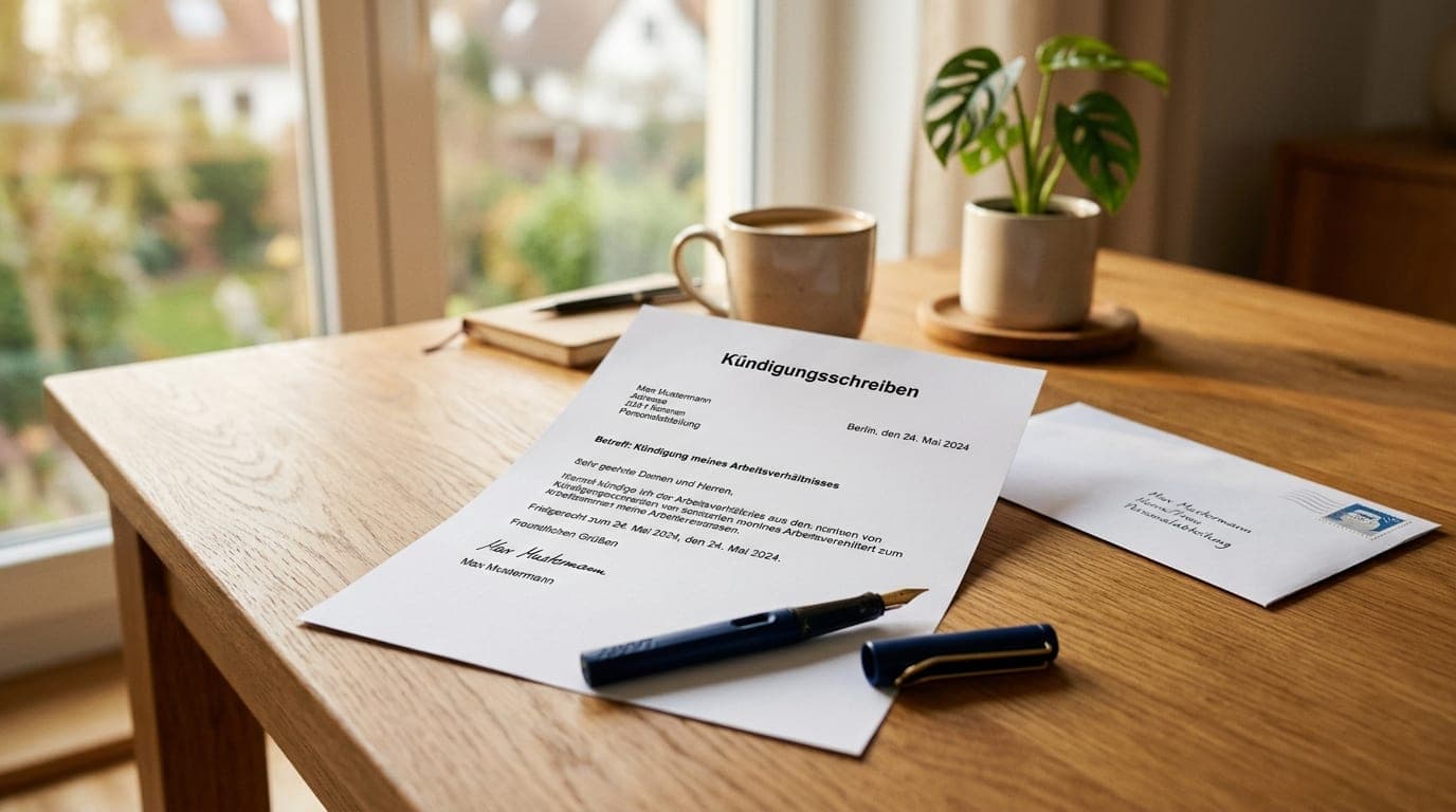 Gedrucktes Kündigungsschreiben auf einem Holzschreibtisch mit Füllfederhalter und Briefumschlag