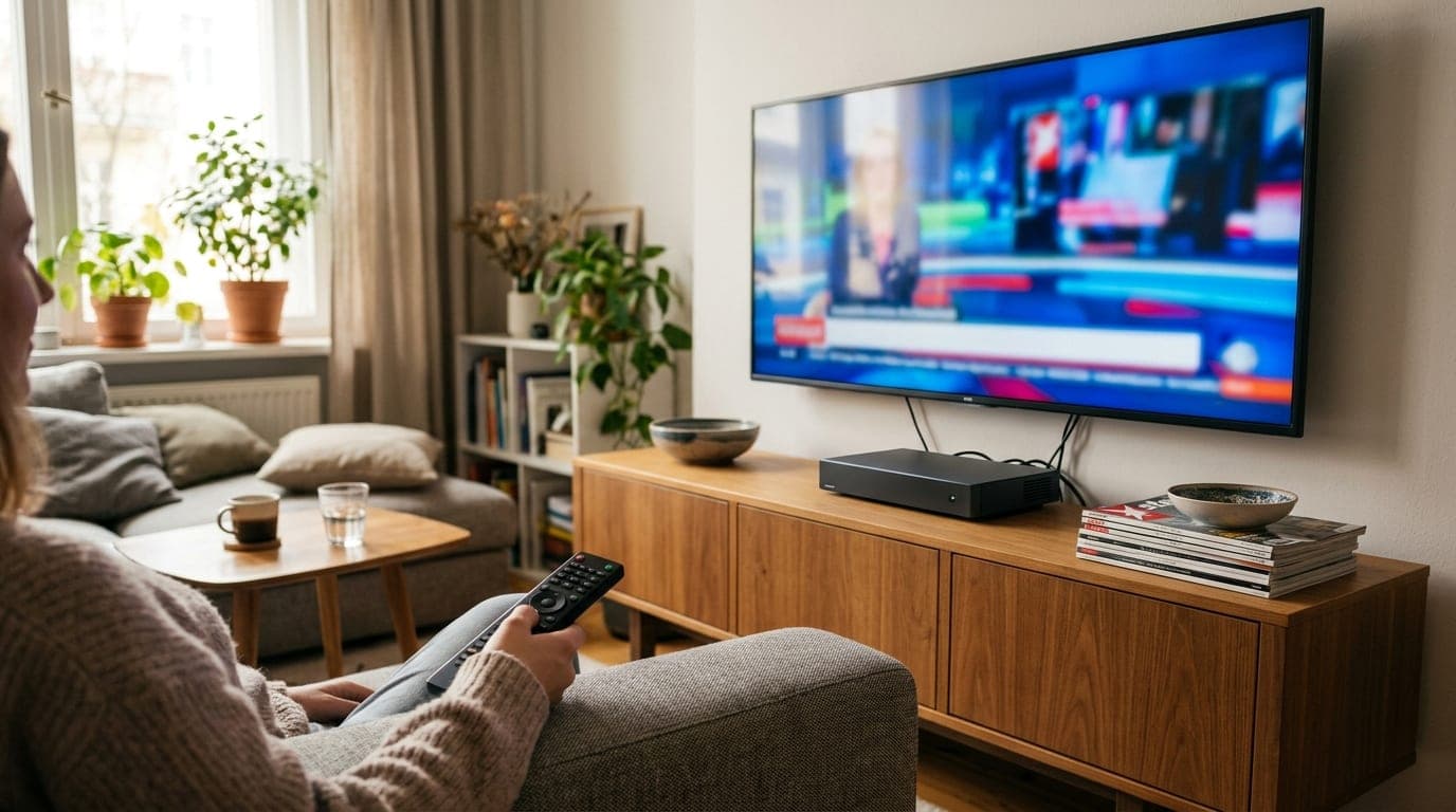 Fernseher mit Sky-Receiver und Smartphone mit geöffneter E-Mail-App