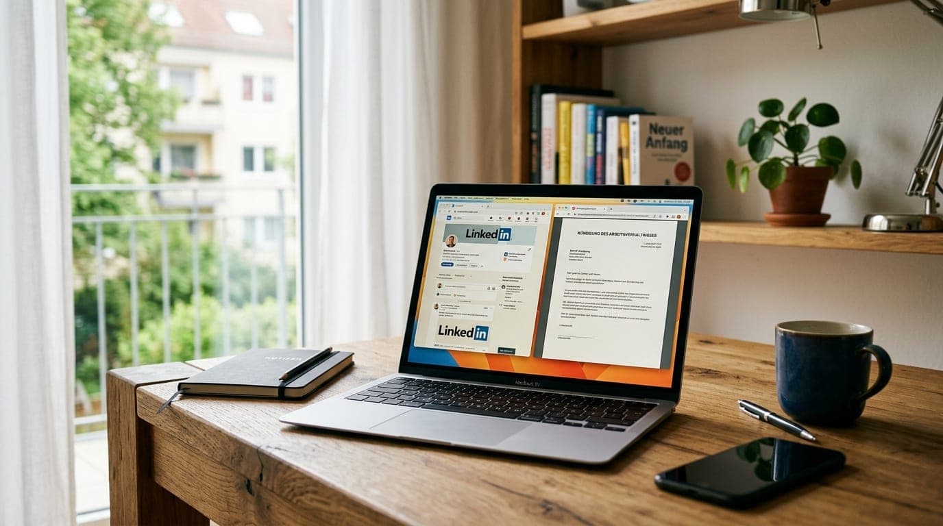 Laptop mit sozialem Netzwerk und Kündigungsformular auf Schreibtisch