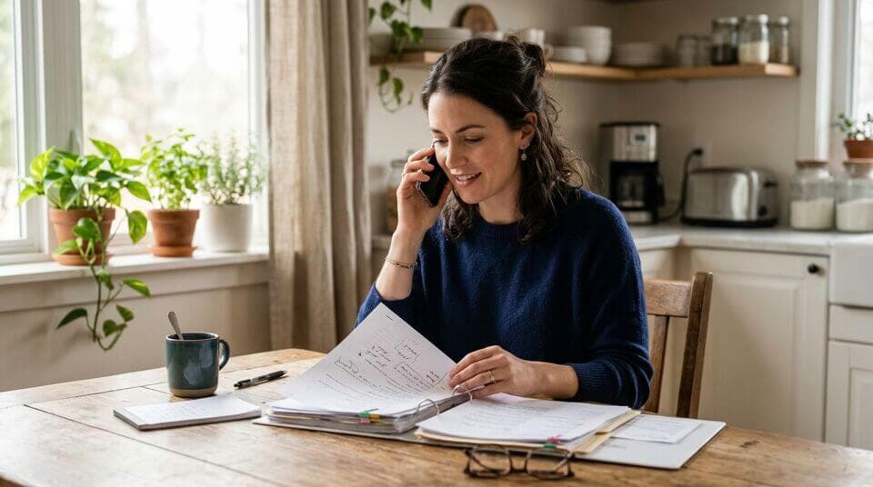 Frau telefoniert mit dem Kundenservice und prüft ihre Kündigungsunterlagen am Küchentisch
